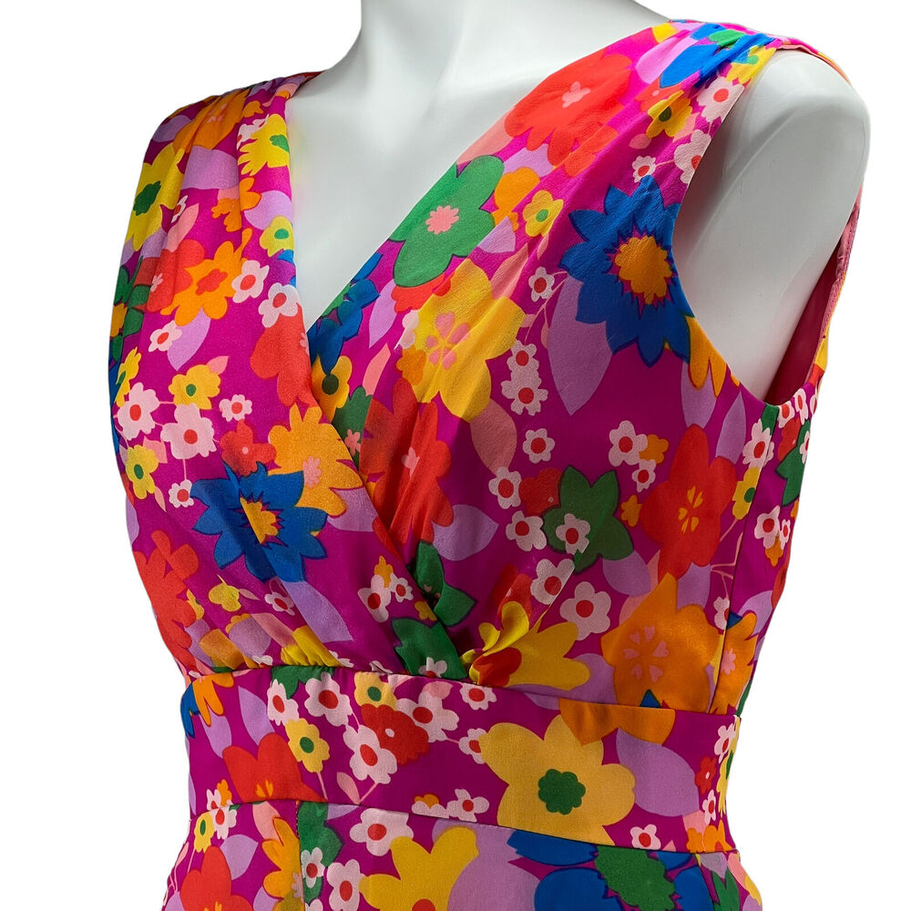 Montgomery Ward Vintage Vibrant Floral Pink V Neck Sleeveless Maxi Dress Size 16 - Picture 7 of 13